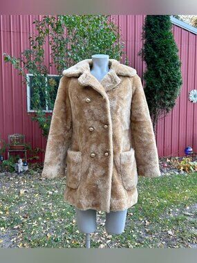 Vintage Mackintosh Golden Tan Mid Length Faux Fur Pea Coat~S~
